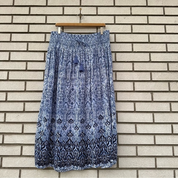 J. Jill Boye White Boho Smocked Midi Skirt Tassel Drawstring Tie - Picture 3 of 12